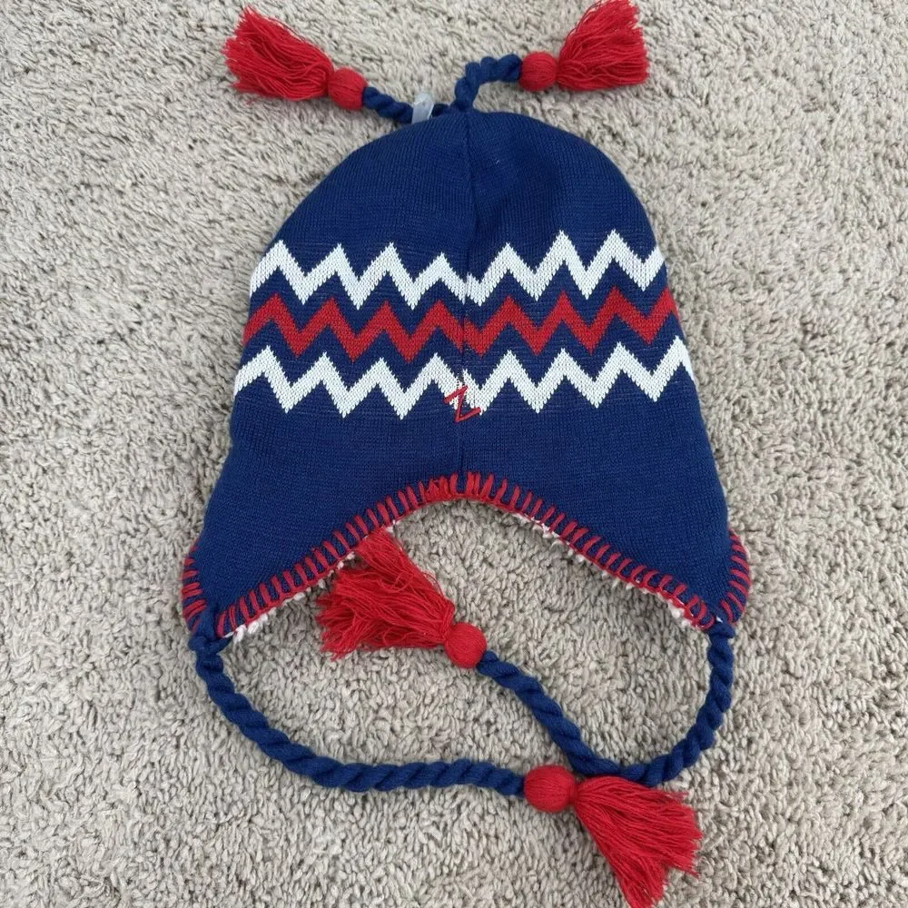 Kansas Jayhawks Beanie Zephyr Alpine Tassel Blue‎ Red Zig Zag Knit Hat Ear Flaps